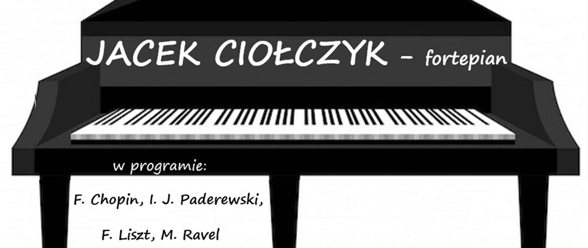 Plakat koncertu fortepianowego. Po środku ilustracja przedstawiająca fortepian. W górnym lewym rogu pięciolinia wraz z kluczem wiolinowym na żółtym tle. 