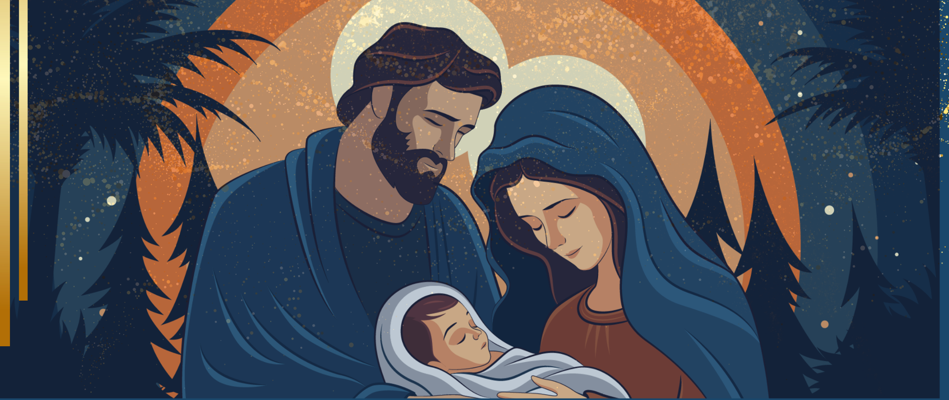 Plakaty granatowe tło po przekątnej fragmenty złoconych ramek centralnie u góry grafika przedstawiająca Jezusa Maryja i Józefa na tle nocy cieniów trzech oraz kolorowych okręgów w kolorze od pomarańczowego po granatowym. Maryja i Józef z białymi aureolami Maria z kostką Na głowie trzymająca dzieciątko Jezus na rękach obydwoje patrzą w połowie jego kierunku napisy z okazji nadchodzącej Świąt Bożego Narodzenia proszę przyjąć serdeczne życzenia zdrowia radości pokoju serca świąt spędzonych rodzina i atmosferze dyrekcja pracownicy społeczność państwowej szkoła muzyczna pierwszego drugiego stopnia imienia Witolda Lutosławskiego w Nysie