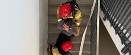 Dwóch strażaków w pełnym umundurowaniu sprowadza osobę poszkodowaną po klatce schodowej; na stopniach ułożony jest wąż pożarniczy, a działania prowadzone są w ramach ewakuacji z budynku.