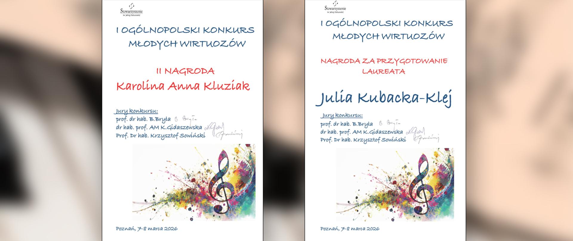 Skany dwóch dyplomów na tle grafiki przedstawiającej klawiaturę fortepianu.