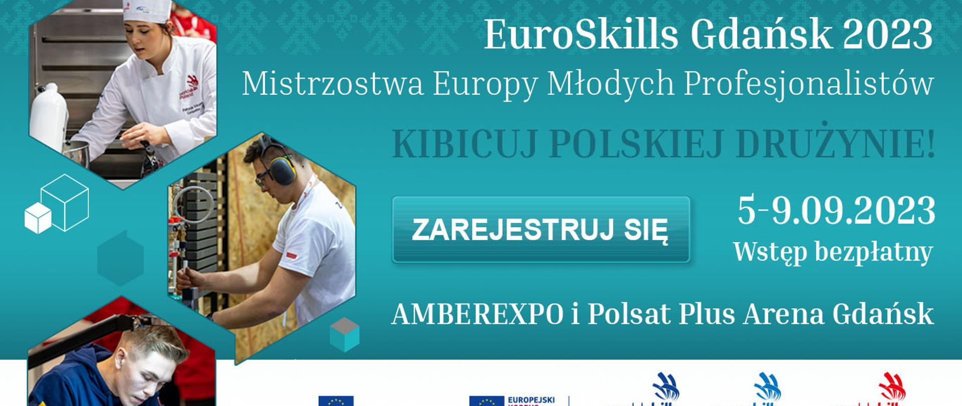 Grafika - na zielonym tle trzy sylwetki ludzi w sześciokątach i napis EuroSkills Gdańsk 2023 - Mistrzostwa Europy Młodych Profesjonalistów.