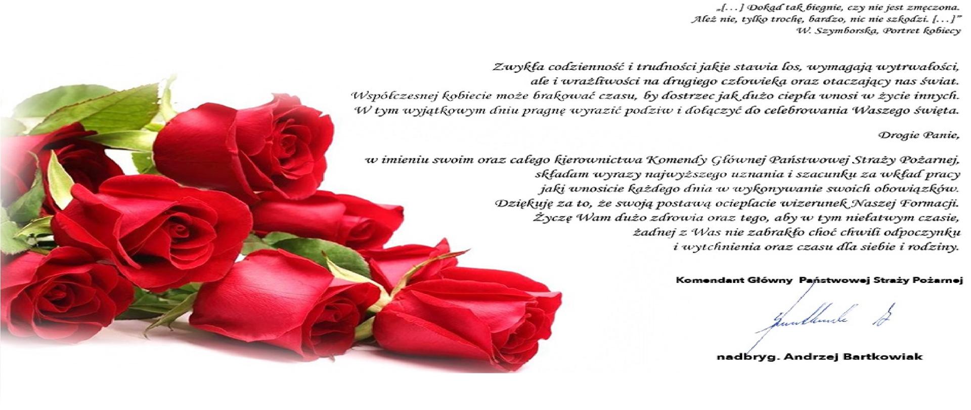 Na zdjęciu wiązanka czerwonych róż, obok życzenia Komendanta Głównego PSP