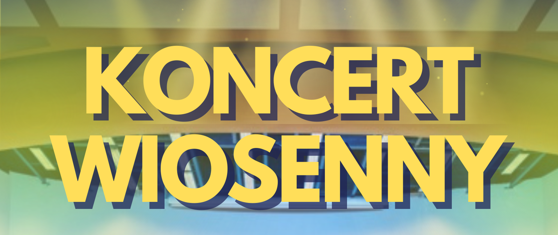 Plakat koncertowy, u góry logo szkoły muzycznej, po środku żółty napis Koncert wiosenny, pod spodem granatowy tekst w wykonaniu chóru i orkiestr szkolnych w dniu 26 kwietnia 2023 roku, pod spodem zdjęcie orkiestry szkolnej podczas koncertu w filharmonii zielonogórskiej.