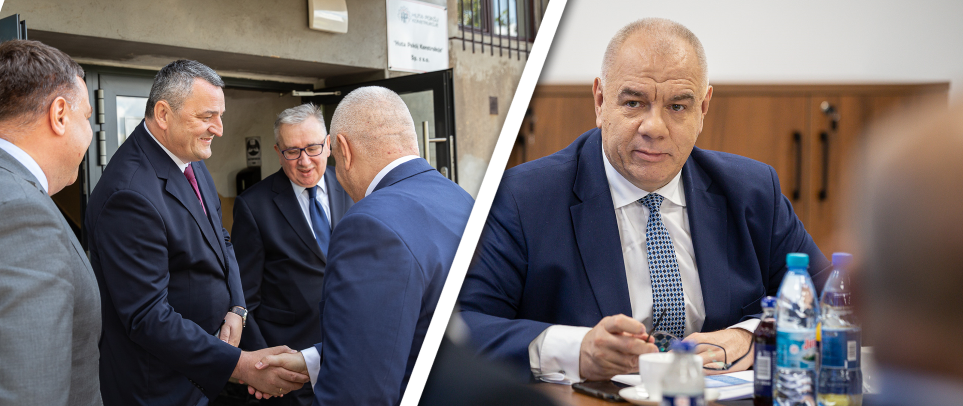 Kolaż dwóch zdjęć. Na zdjęciu z lewej strony stoi czterech mężczyzn, z jednym z nich wita się Wicepremier Jacek Sasin. Na zdjęciu z prawej strony Wicepremier Jacek Sasin siedzi za stołem podczas spotkania.