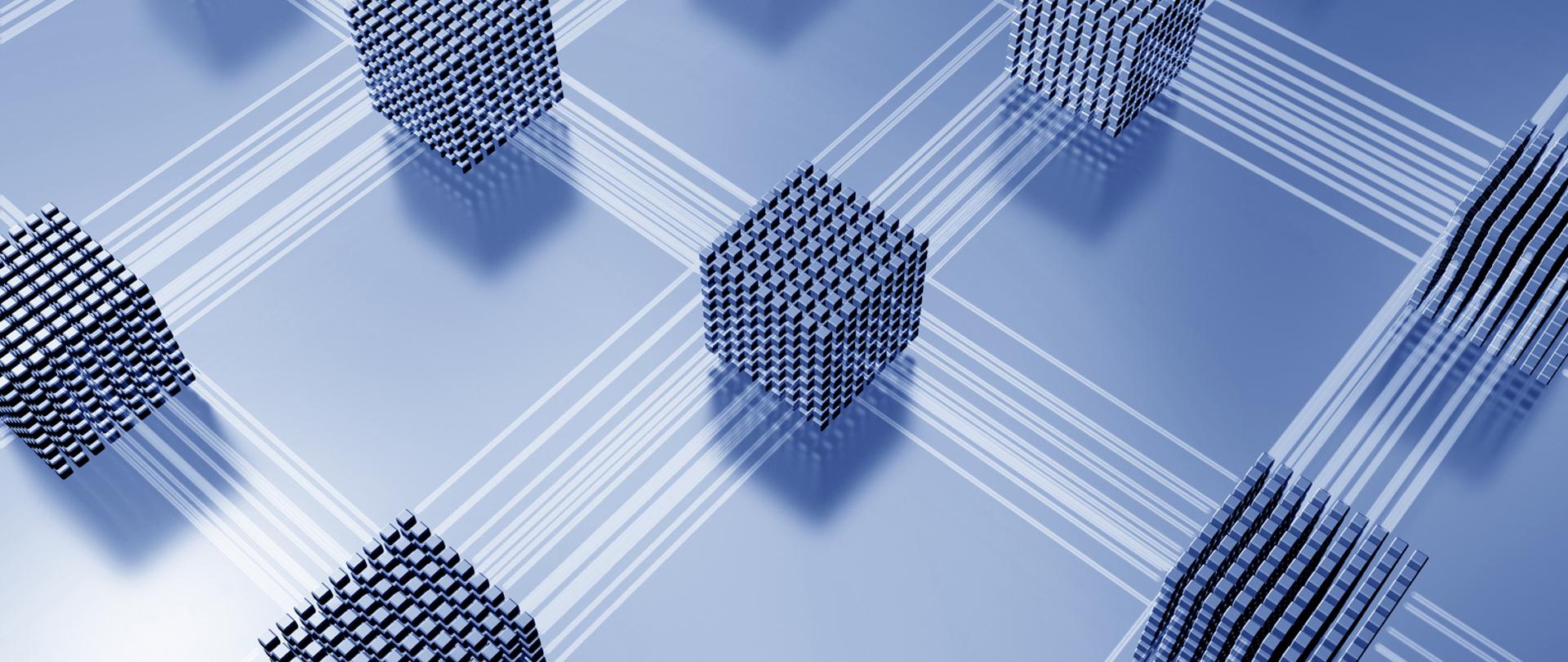 Grafika przedstawiająca na niebieskim tle kwadraty i połączenia liniowe między nimi 