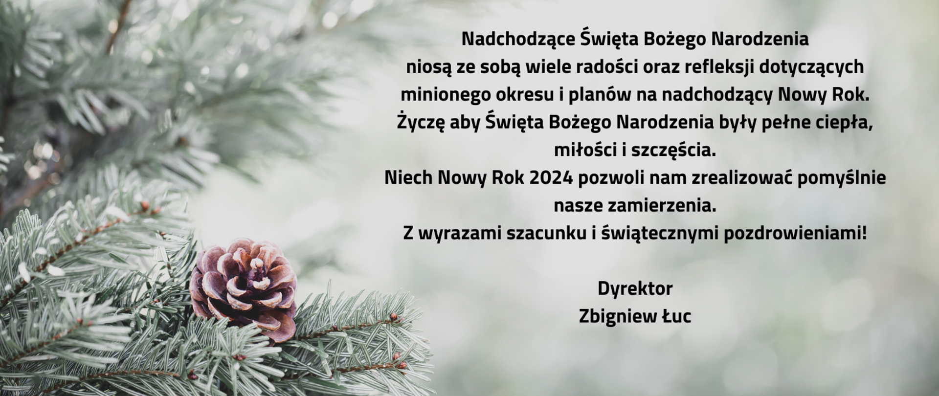 tekst życzeń od dyrekcji na tle grafiki z zielonej tonacji ze śniegiem i gałązkami świerku