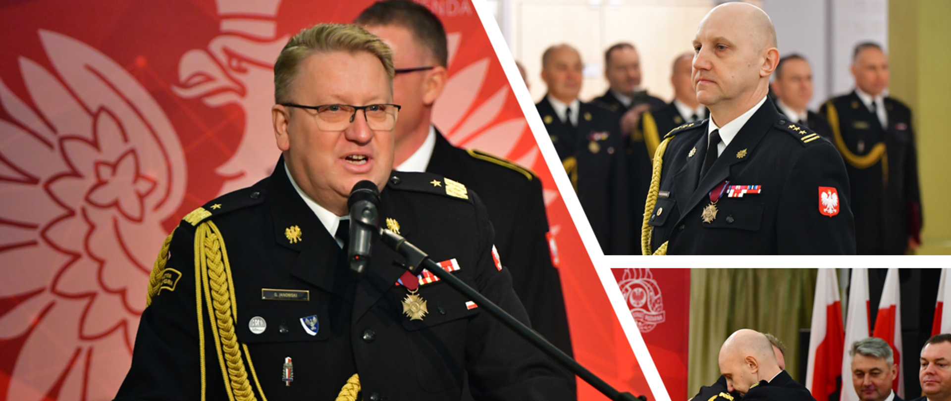 W mundurze wyjściowym przemawia Łódzki Komendant Wojewódzki PSP w Łodzi nadbryg. Grzegorz Janowski. Na infografice znajduje się również zdjęcie Komendanta Powiatowego PSP w Kutnie st. bryg. Marka Myszkowskiego w mundurze.