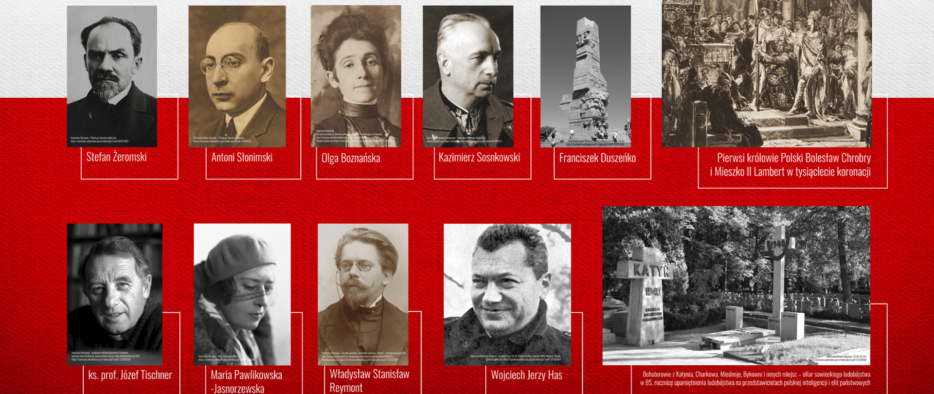 Plakat na biało czerwonym tle. Na górze napis "PATRONI ROKU 2025 USTANOWIENI PRZEZ SEJM I SENAT RZECZPOSPOLITEJ POLSKIEJ". Po prawej niebieski logotyp BSA w Lublinie. Poniżej są dwa rzędy czarno - białych, podpisanych fotografii. W górnym rzędzie od lewej: Stefan Żeromski, Antoni Słonimski, Olga Boznańska, Kazimierz Sosnkowski, zdjęcie pomnika bohaterów obrony Westerplatte z podpisem Franciszek Duszeńko oraz obraz z podpisem Pierwsi królowie Polski Bolesław Chrobry i Mieszko II Lambert w tysiąclecie koronacji. W dolnym rzędzie: ks. prof. Józef Tischner, Maria Pawlikowska - Jasnorzewska, Władysław Stanisław Reymont, Wojciech Jerzy Has oraz zdjęcie pomnika Katyńskiego z podpisem: Bohaterowie z Katynia, Charkowa, Miednoje, Bykowni i innych miejsc - ofiar sowieckiego ludobójstwa w 85. rocznicę upamiętnienia ludobójstwa na przedstawicielach polskiej inteligencji i elit państwowych.