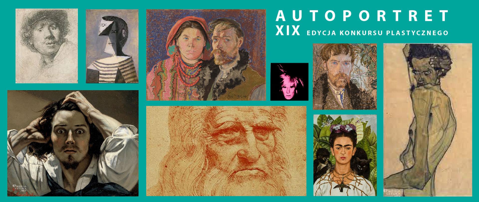 Baner z napisem Autoportret XIX Edycja Konkursu Plastycznego, przedstawione prace autoportretów z poprzednich edycji konkursu