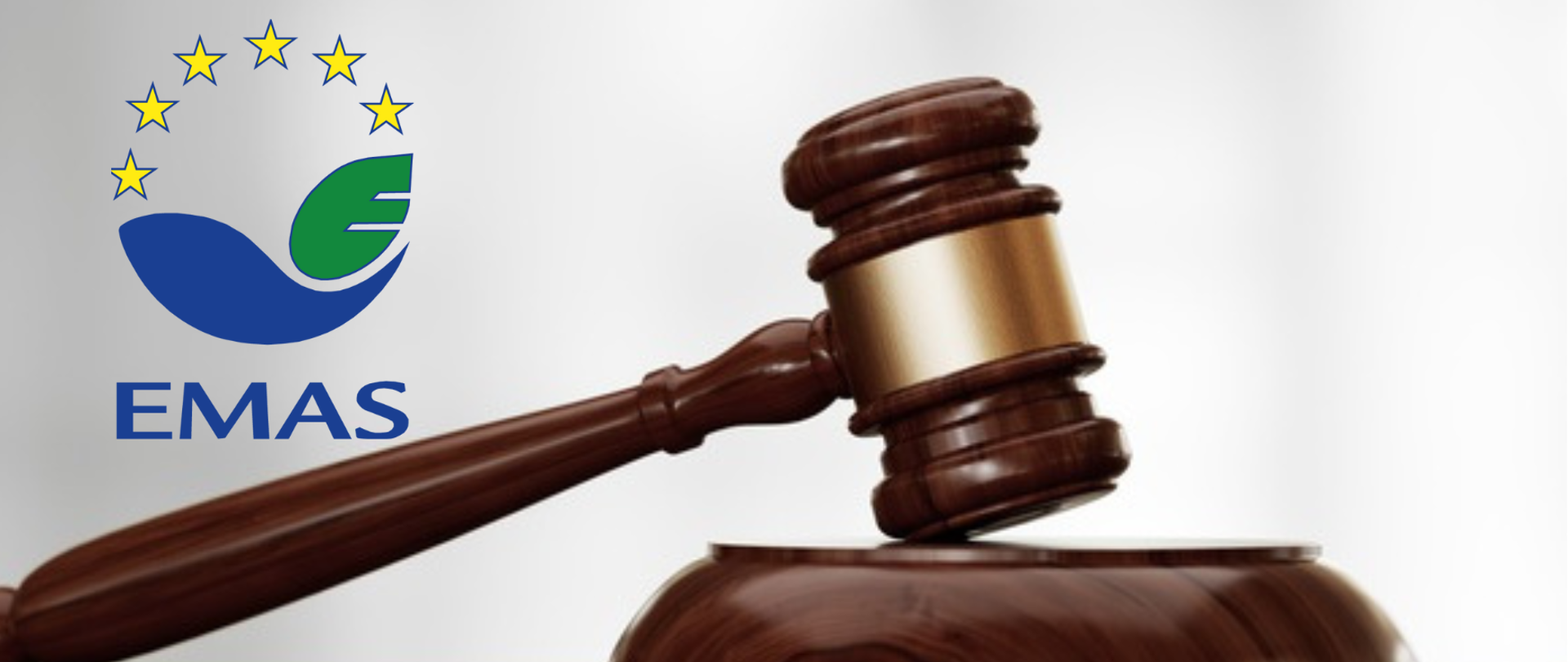 Drewniany młotek na rozmytym tle. Widok z przodu z selektywną ostrością, w lewym górnym rogu (na białym tle) logo EMAS.
