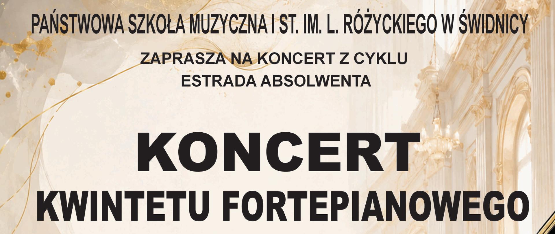 Plakat przedstawia beżowe tło w kszałcie firanek . Po środku znajdują się instrumenty : fortepian, skrzypce , wiolonczela. Na tym tle napisy białą pogubioną czcionką informujące o koncercie.