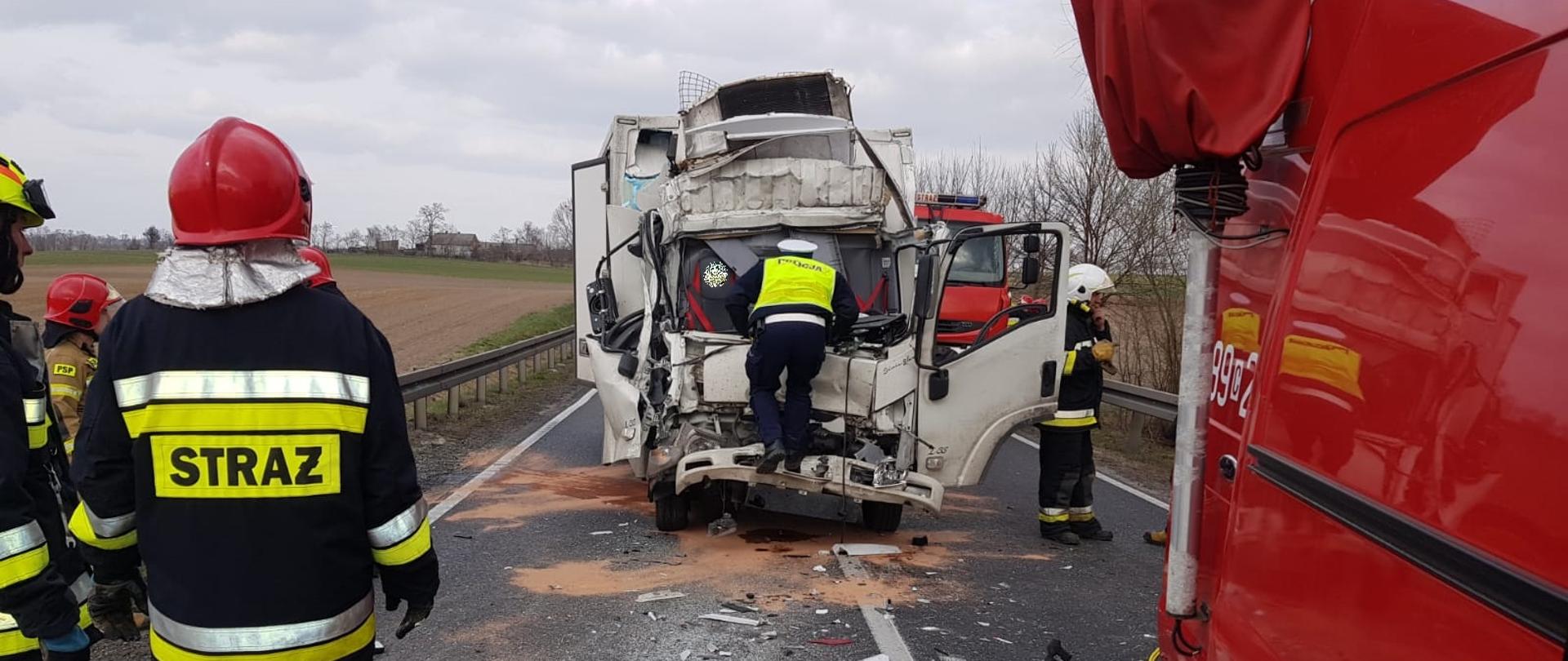 Po środku rozbity samochód dostawczy i policjant prowadzący swoje czynności. Z prawej strony samochodu stoi strażak. Po lewej stronie 3 strażaków. Po prawej tył samochodu pożarniczego.