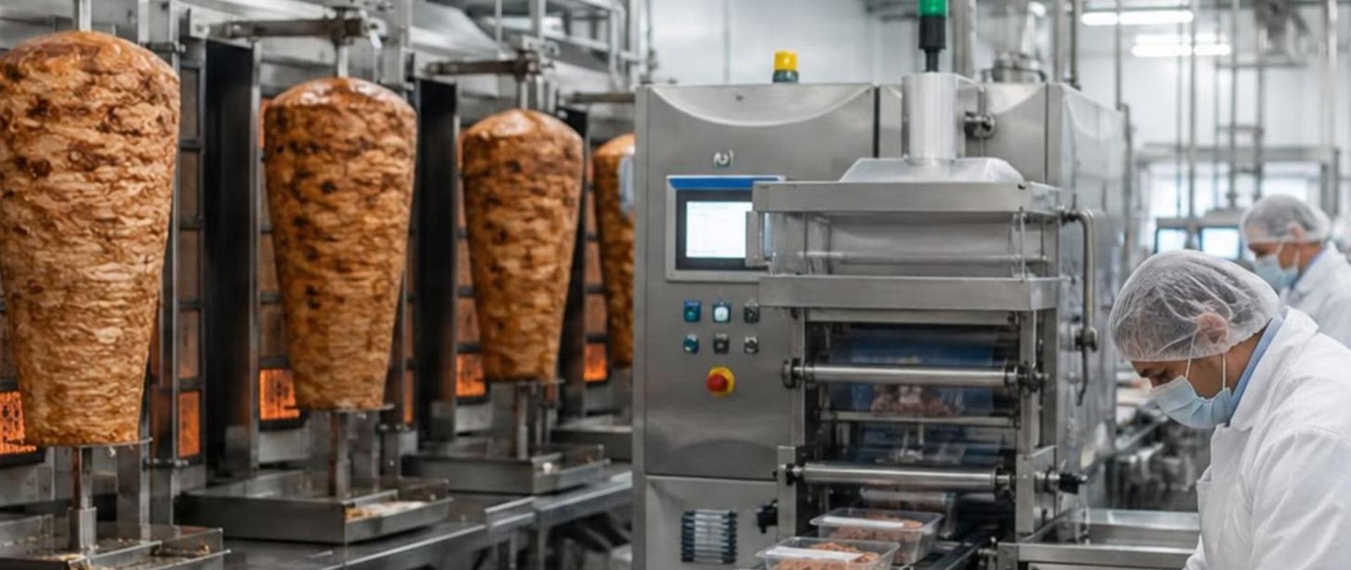 grafika przedstawiająca z lewej strony mięso wykorzystywane do produkcji kebabów, z prawej strony produkcję mięsa w zakładzie. 