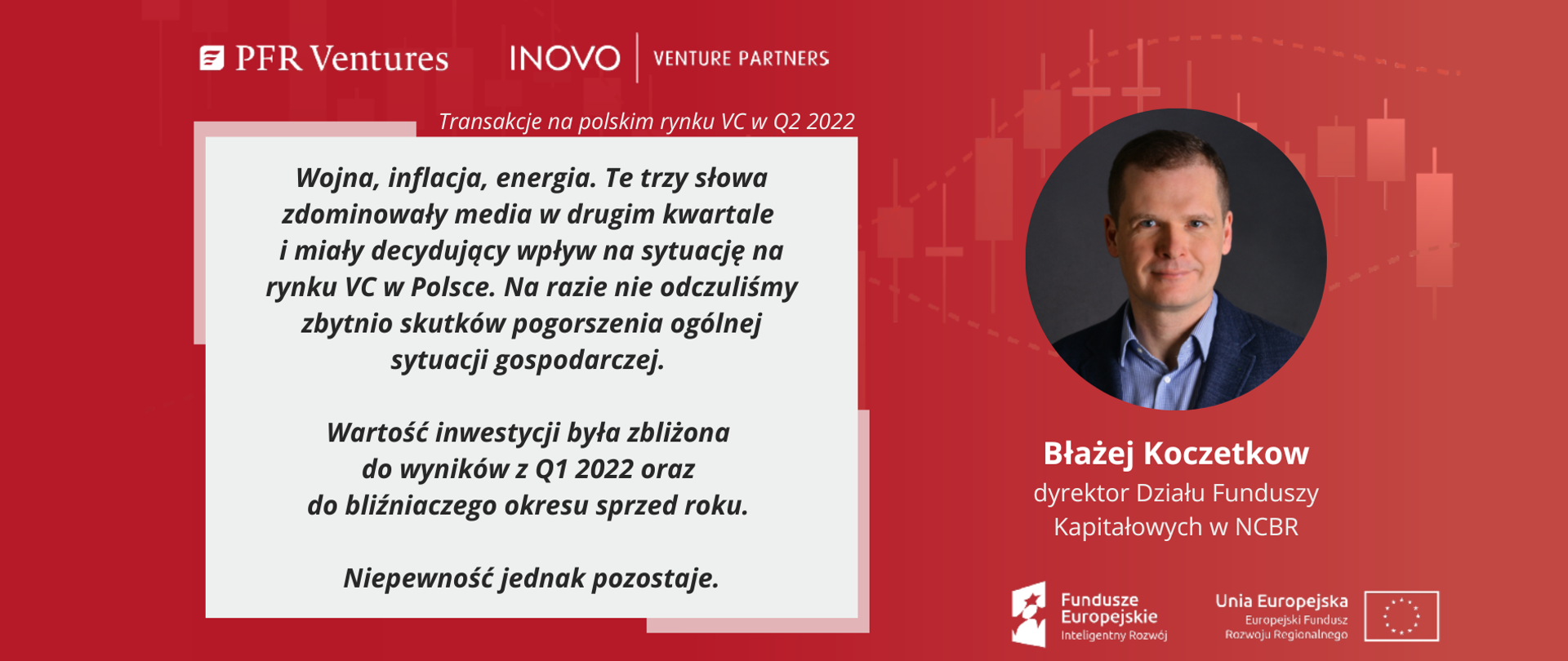 na czerwonym tle zdjęcie Błażeja Koczetkow - dyrektora Działu Funduszy Kapitałowych NCBR. Obok cytat "Wojna, inflacja, energia. Trzy słowa zdominowały media w drugim kwartale i miały decydujący wpływ na sytuację na rynku VC w polsce. Narzie nie odczulismy zbytnio skutków pogorszenia ogólnej sytuacji gospodarczej. 