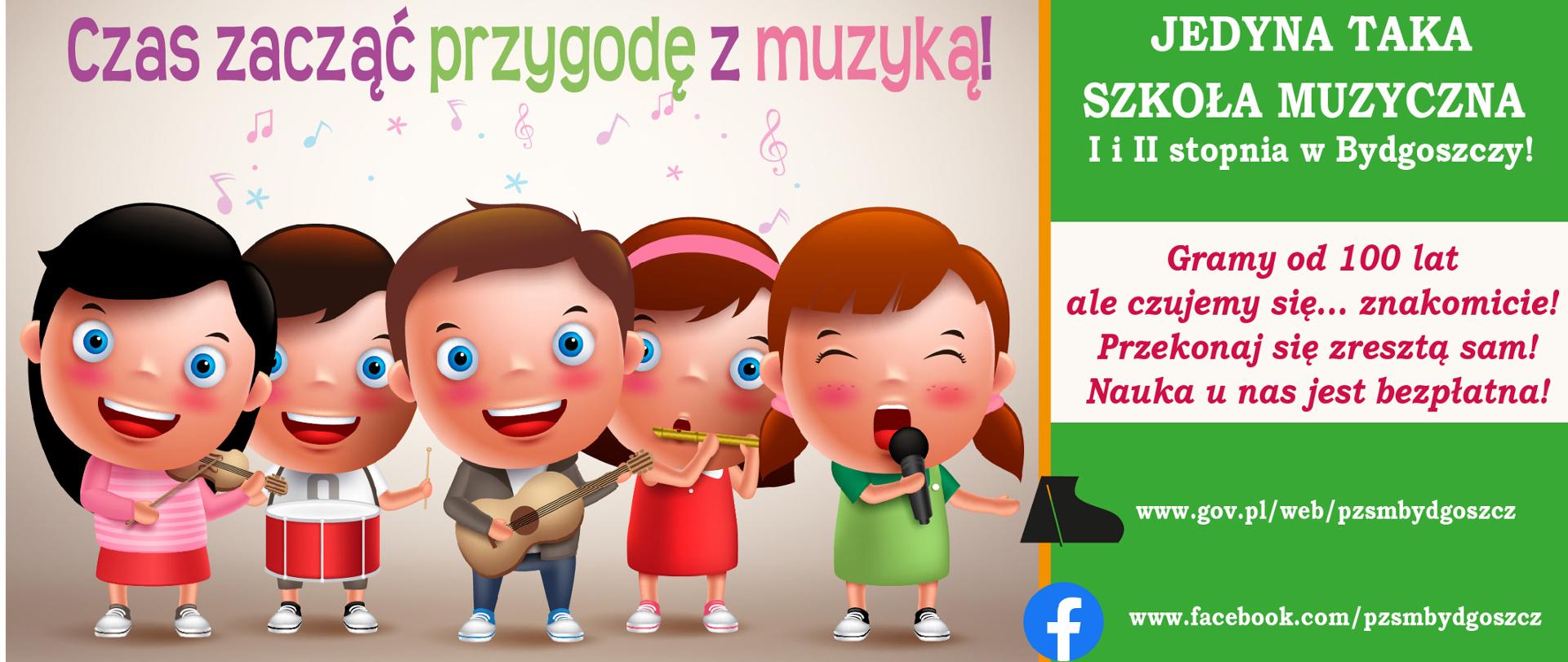 plakat na górze niebieskie tlo i białe napisy z nazwą szkoły i rekrutacją na nowy rok szkolny na dole na białym tle spiewające postacie dzieci z instrumentami