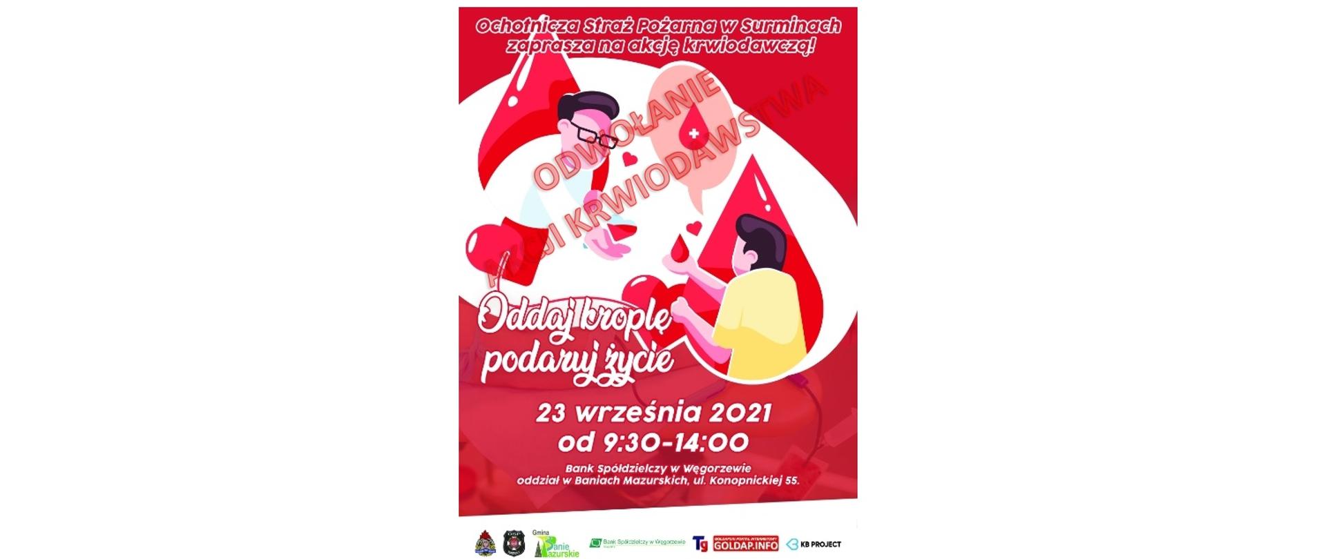 Zdjęcie przedstawia plakat akcji krwiodawstwa zaprojektowany przez OSP Surminy z dodaną informacją o odowołaniu przedsięwzięcia