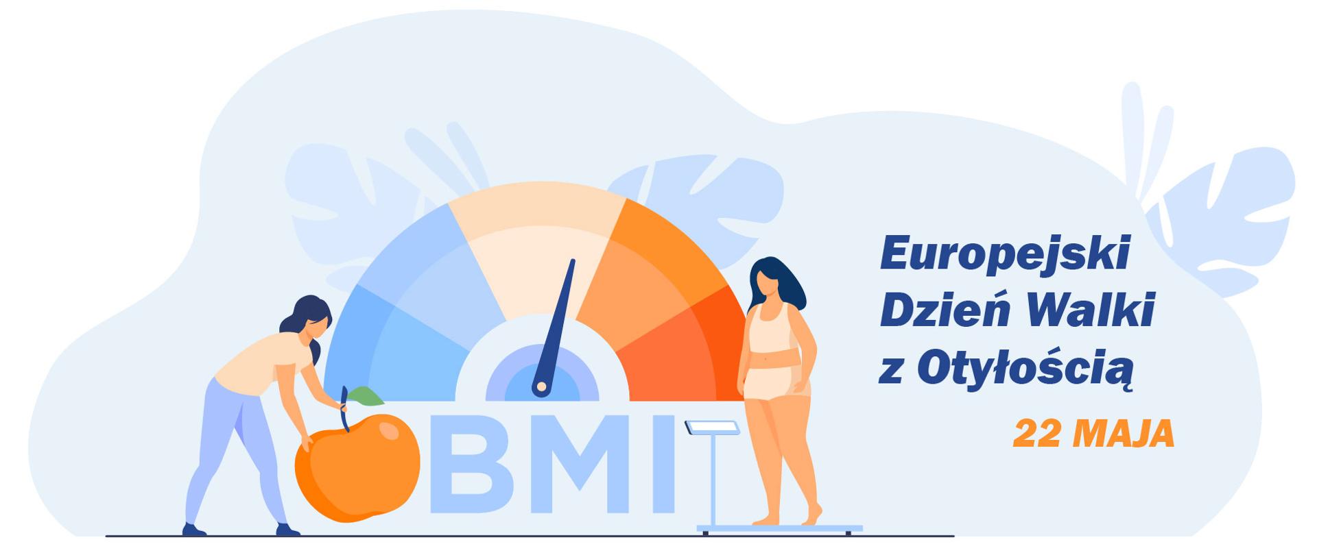 Grafika promująca Europejski Dzień Walki z Otyłością obchodzony 22 maja. Na ilustracji widoczny jest wskaźnik BMI oraz dwie postacie – jedna trzyma owoc, druga stoi na wadze. Po prawej stronie znajduje się napis: „Europejski Dzień Walki z Otyłością – 22 maja”