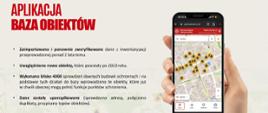 Tekst na grafice:
„Zaimportowano i ponownie zweryfikowano dane z inwentaryzacji przeprowadzonej ponad 2 lata temu.”
„Uwzględniono nowe obiekty, które powstały po 2023 roku.”
„Wykonano blisko 4000 sprawdzeń dawnych budowli ochronnych i na podstawie tych działań do bazy wprowadzono te obiekty, które już w chwili obecnej mogą pełnić funkcję punktów schronienia.”
„Dane zostały uporządkowane (sprawdzono adresy, połączono duplikaty, przypisano typy obiektów).”
Po prawej smartfon z mapą miasta.