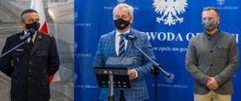Wojewoda Opolski Sławomir Kłosowski na zdjęciu wraz z Zastępcą Opolskiego Komendanta Wojewódzkiego PSP w Opolu st. bryg. Wojciechem Nawarą oraz Kierownikiem CPR Ditmarem Kurzałem podczas konferencji w siedzibie Opolskiego Urzędu Wojewódzkiego. W tle niebieski banner z białymi napisami Wojewoda Opolski.