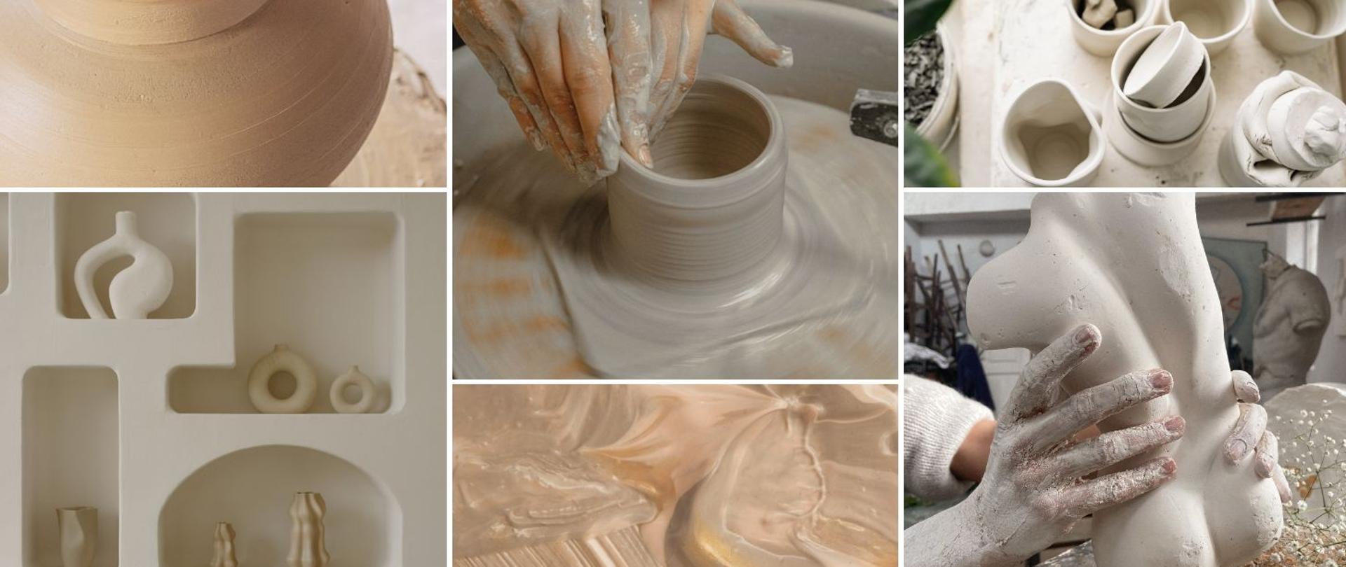 centralnie koło Gancarskie z dłońmi, po prawej dłonie trzymające rzeźbę ceramiczną po prawej wyroby ceramiczne