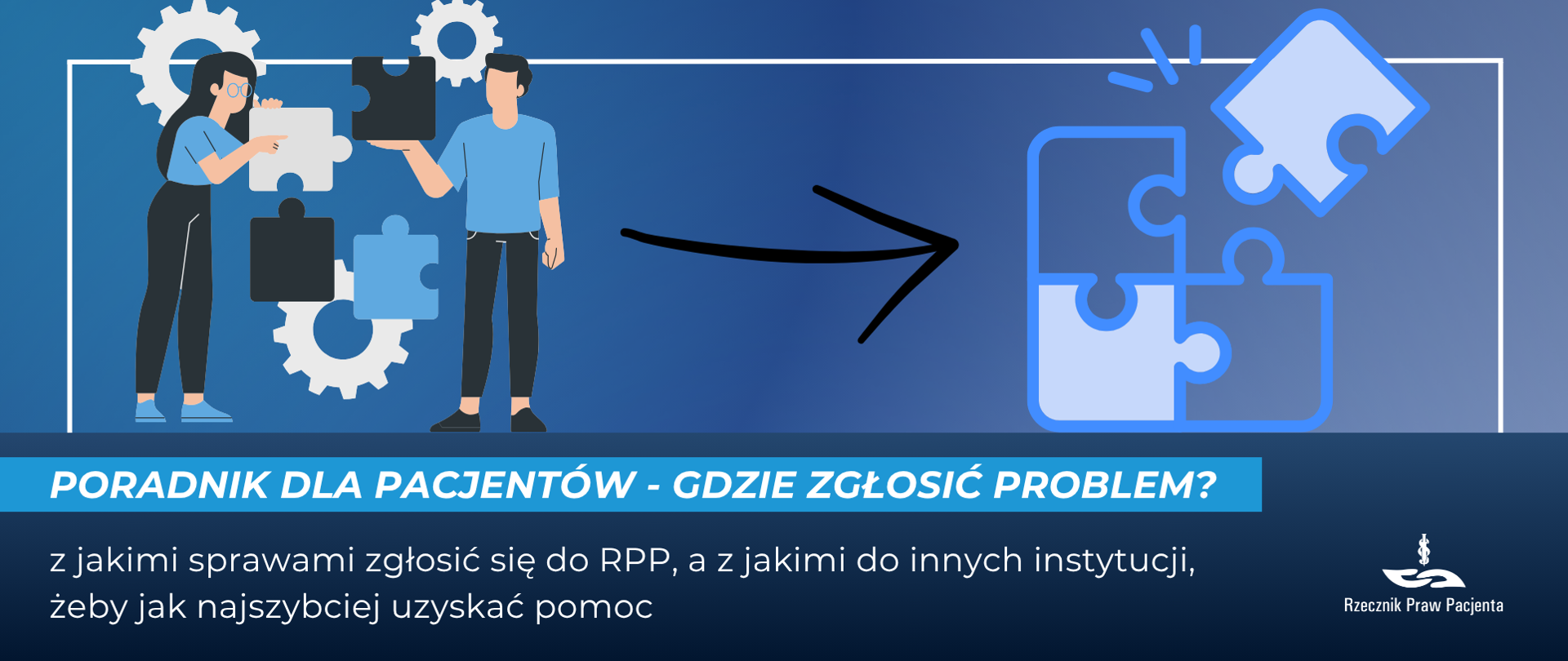 Grafika promująca poradnik dla pacjentów. Po lewej stronie dwie osoby układają elementy dużych puzzli na tle kół zębatych. Pośrodku znajduje się czarna strzałka skierowana w prawo. Po prawej widoczna jest uproszczona ilustracja trzech połączonych elementów puzzli i czwartego elementu unoszącego się nad nimi, symbolizującego dopasowanie rozwiązania. Na dole umieszczono napis: „Poradnik dla pacjentów gdzie zgłosić problem? Z jakimi sprawami zgłosić się do RPP, a z jakimi do innych instytucji, żeby jak najszybciej uzyskać pomoc”. W prawym dolnym rogu znajduje się logo Rzecznika Praw Pacjenta.