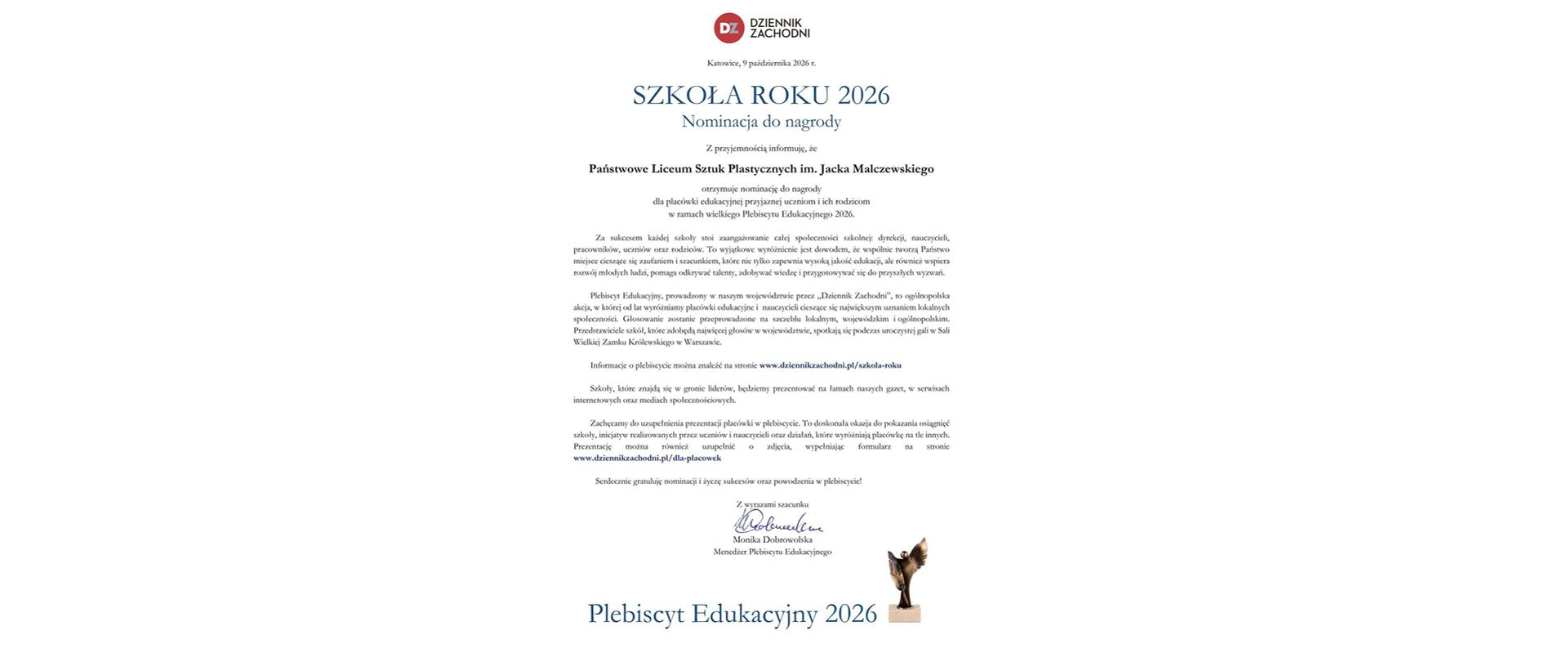 PLASTYK NOMINOWANY DO TYTUŁU SZKOŁA ROKU 2026