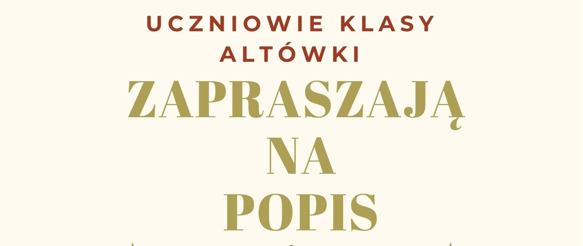 Plakat z wydarzeniem - Popis uczniów klasy altówki, który odbędzie się 19 stycznia 2026r. o godz. 18:00 w auli ZPSM w Dębicy, tło plakatu jasny żółty, na środku umieszczono obrazek ze wzorem kaszubskim, napisy w kolorze pomarańczowym i jasnym zielonym 