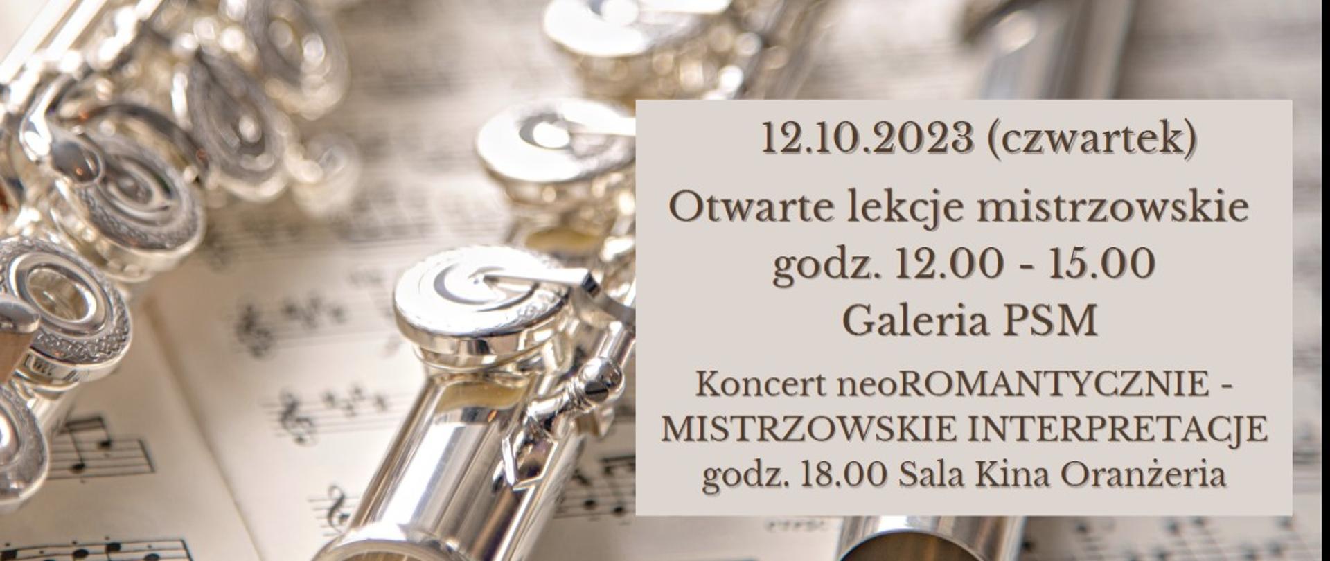 Na beżowym tle czarne nuty i srebrne trzy flety . Na dole po prawej stronie szczegóły warsztatów i koncertu w dniu 12.10.2023 r.