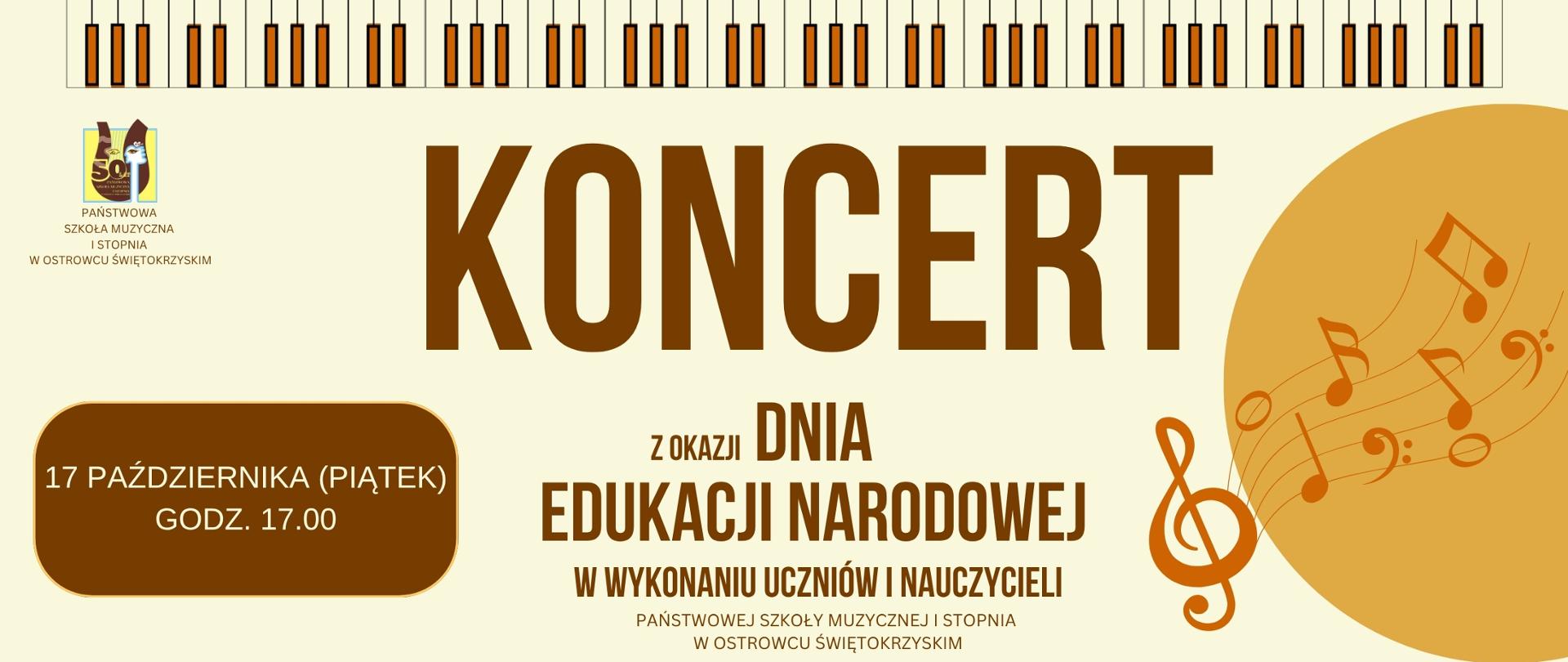 napisy w kolorze brązowym na tle w kolorze beżowym ze zdjęciem klawiatury fortepianowej i nut z logiem szkoły w prawym górnym rogu