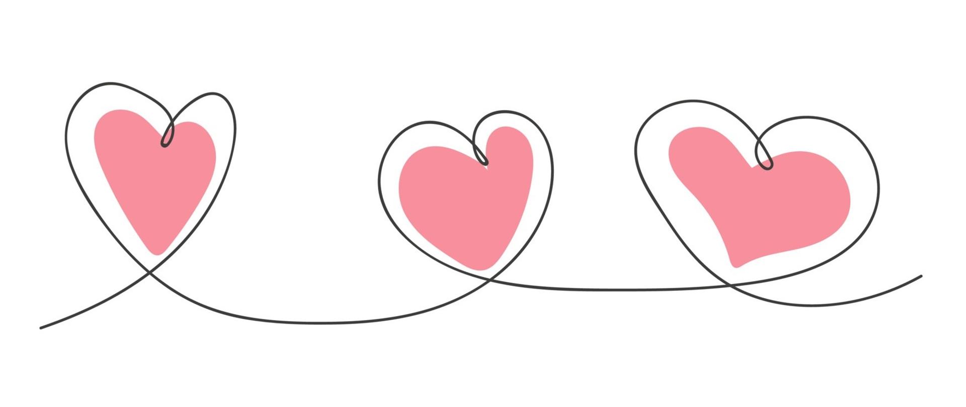 Trzy obrysowane czarną kreską różowe serduszka na białym tle.