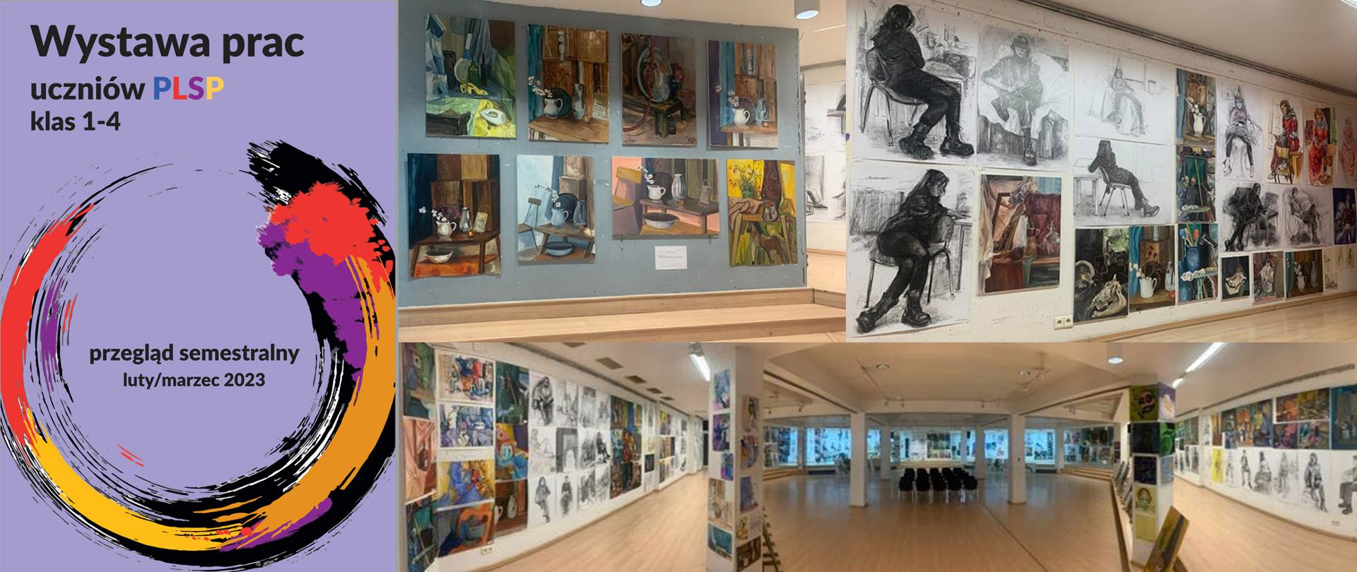 Banner po prawej stronie plakat z informacją o wystawie prac semestralnych "wystawa prac uczniów PLSP klas 1-4. przegląd semestralny luby/marzec 2023"