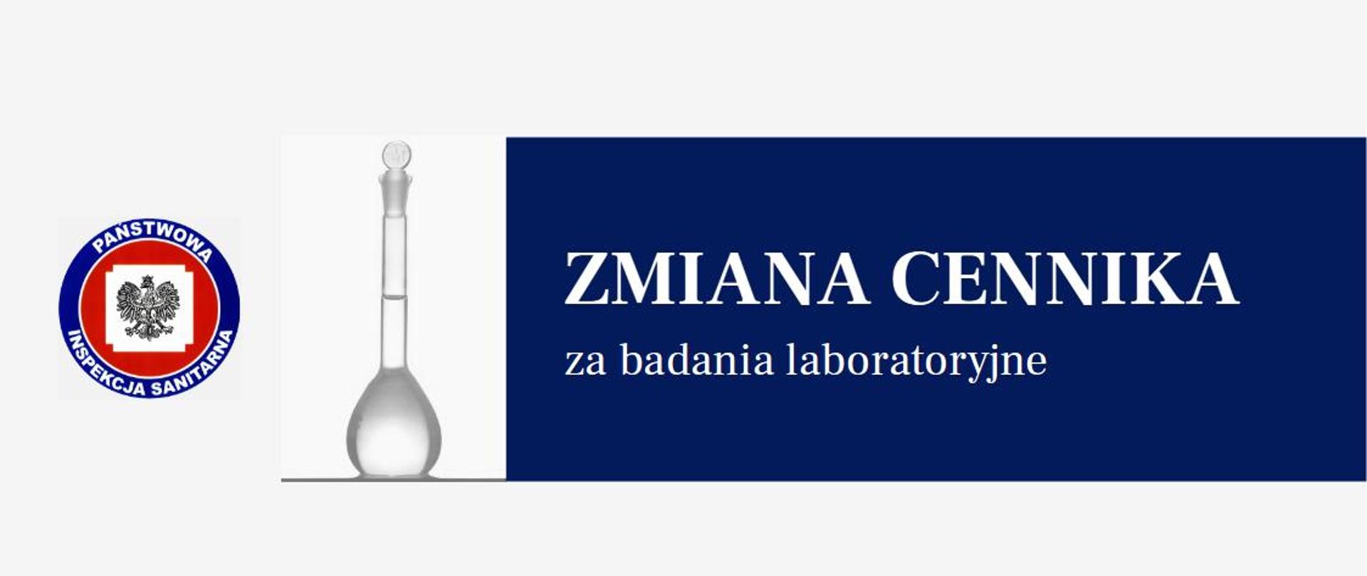 logo Państwowej Inspekcji Sanitarnej, szkło laboratoryjne, etykieta z tekstem Zmiana cennika za badania laboratoryjne