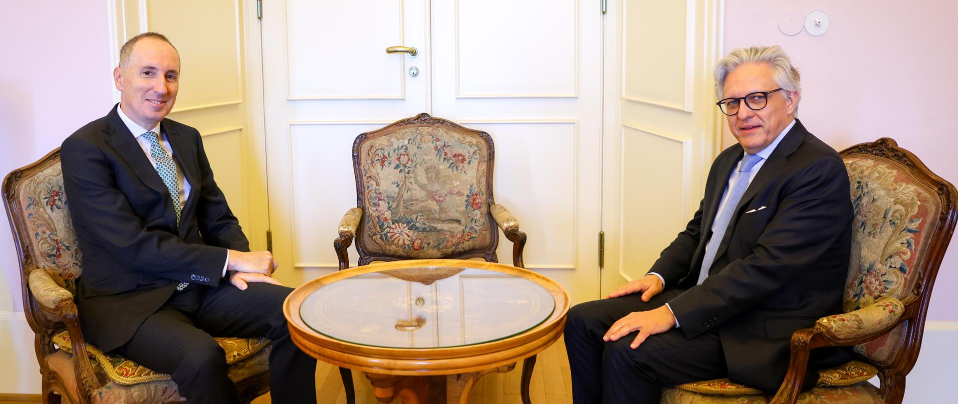 Undersecretary of State at the Ministry of Foreign Affairs Artur Harazim sitting at a table with his Czech counterpart Jiří Brodský.
