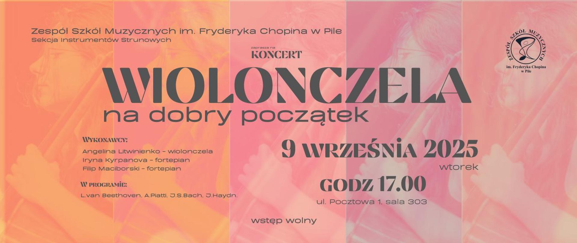Artystyczny plakat w odcieniach różu i pomarańczu, przedstawiający osobę grającą na wiolonczeli, z nałożonym tekstem informacyjnym.