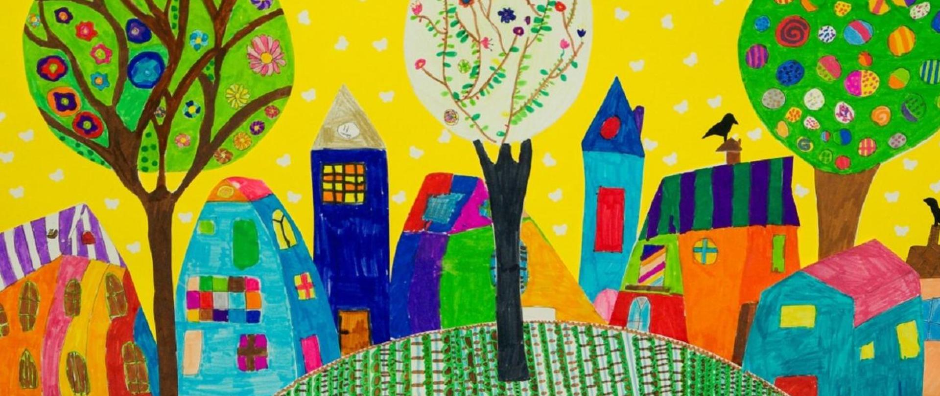 rysunek wykonany kredkami pokazuje kolorowe domy w oknami