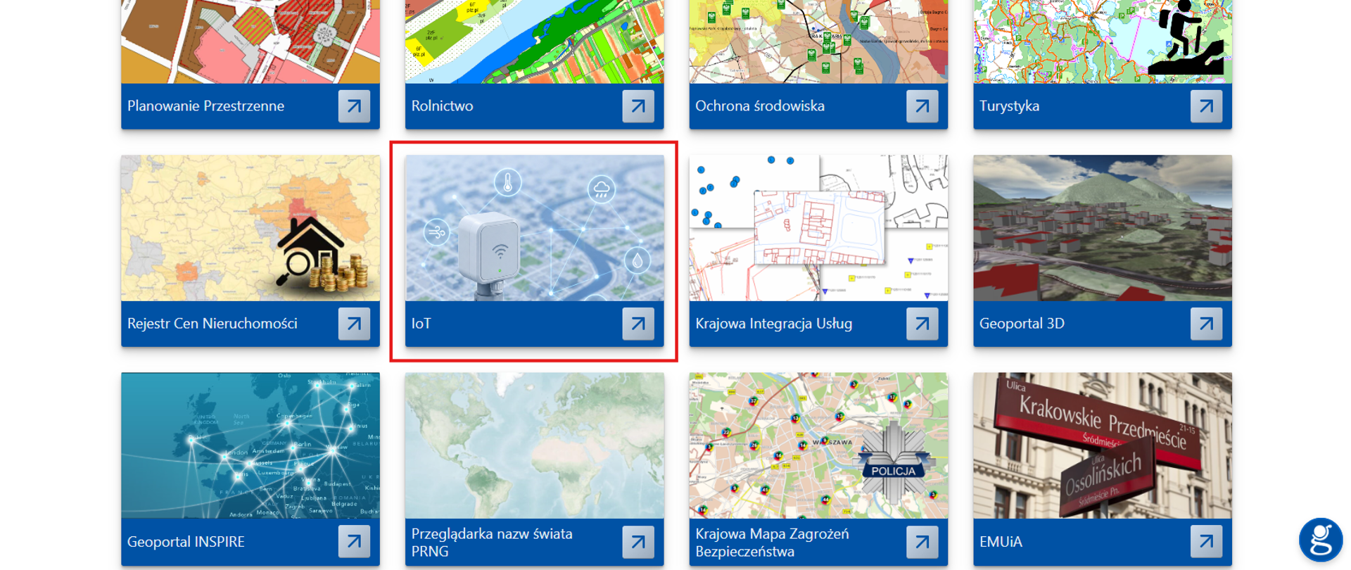 Zrzut ekranu strony głównej www.geoportal.gov.pl z zaznaczonym czerwoną ramką modułem tematycznym "IoT"