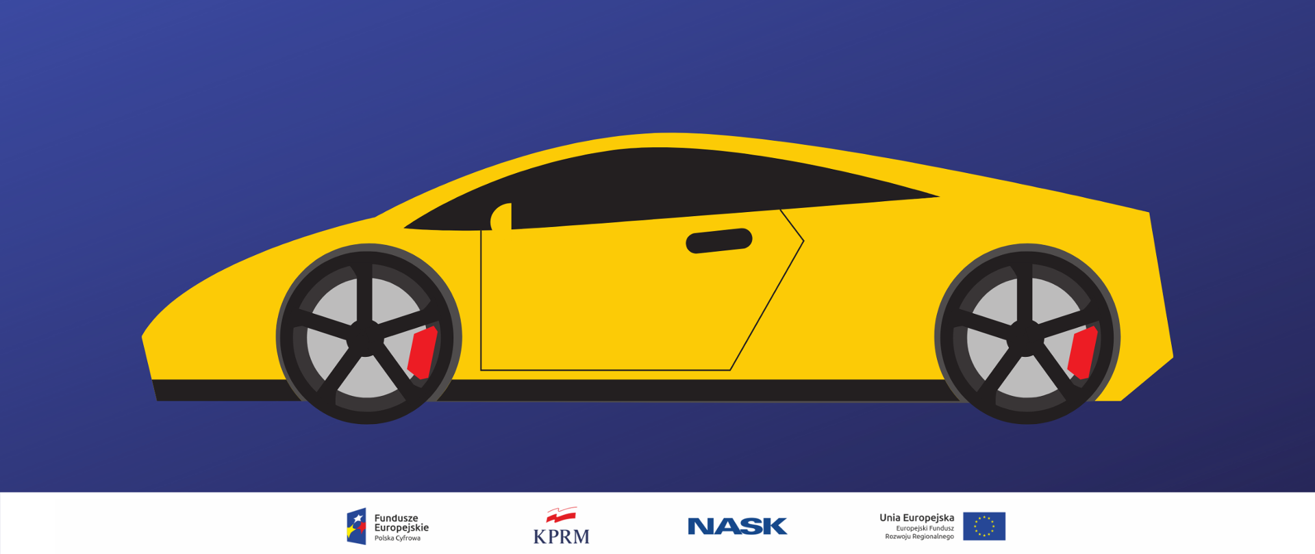 Grafika wektorowa - żółte, sportowe auto na niebieskim tle (widok z boku, przód auta ustawiony do lewej strony grafiki).