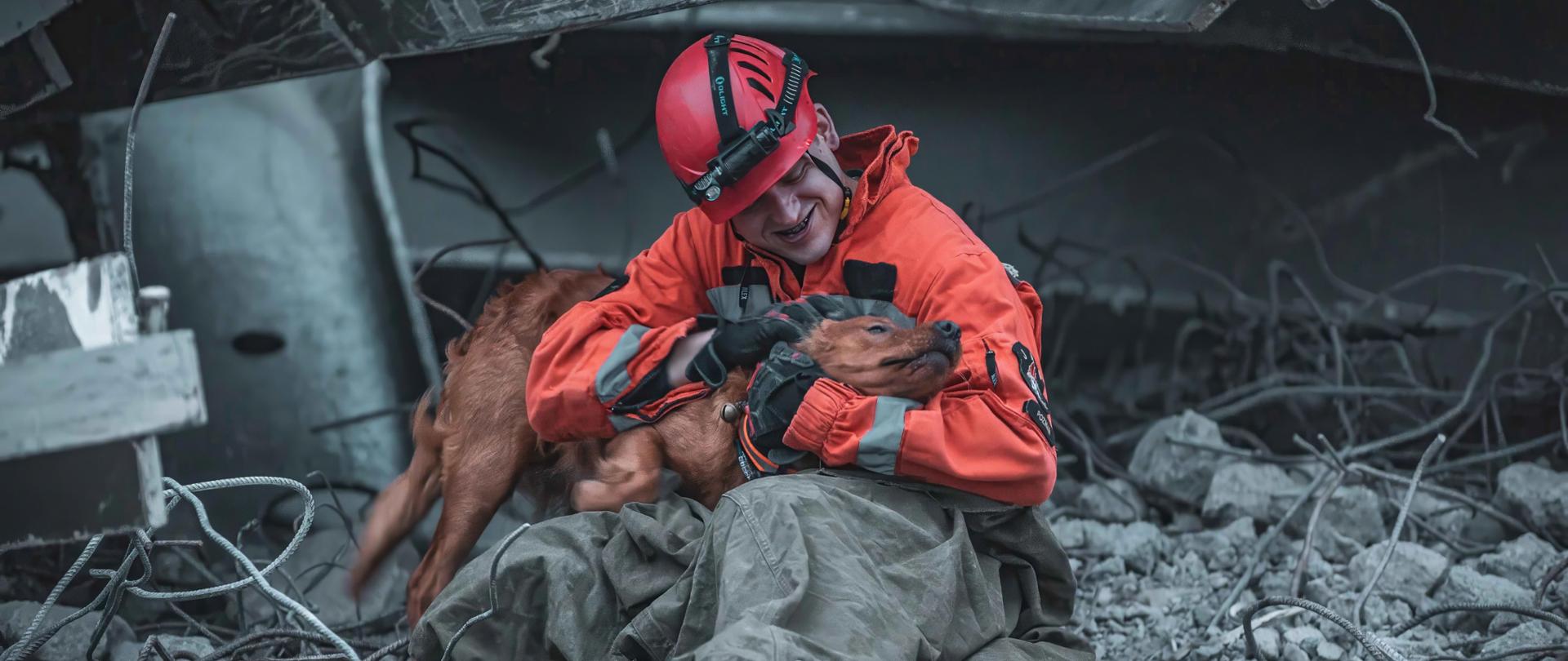 Strażak ratownik obejmuje psa ratowniczego na rumowisku budynku. Wokół strażaka i psa ratowniczego widać kawałki betonu oraz elementy konstrukcji stalowych zburzonego budynku.