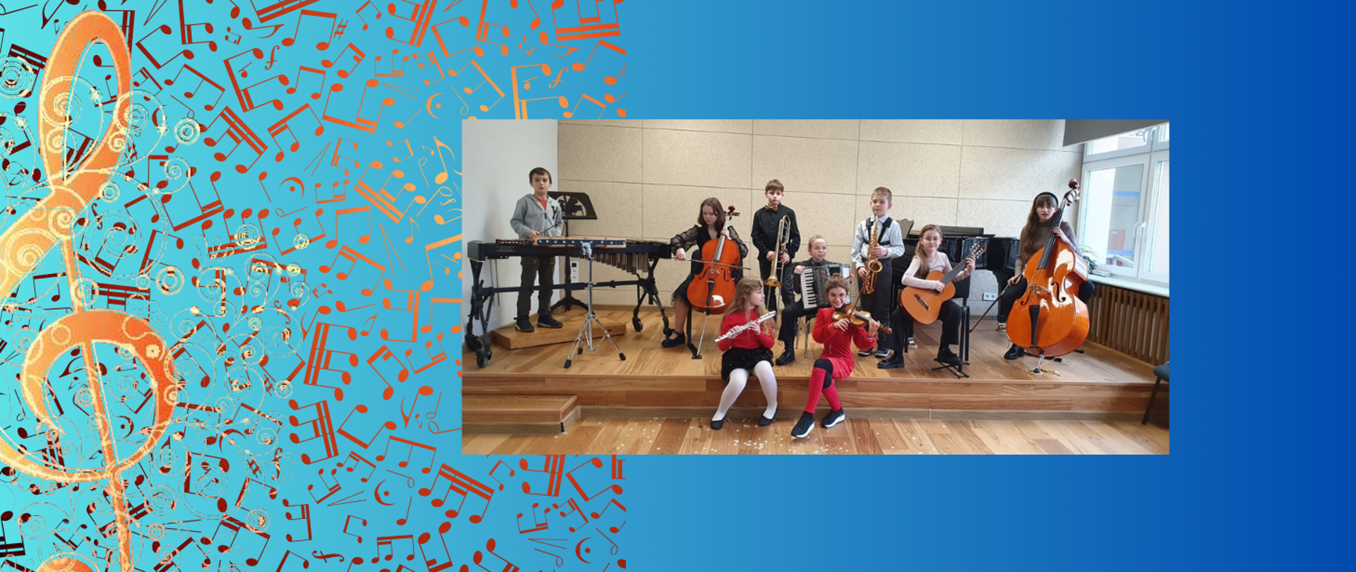 baner na niebieskim tle, na środku zdjęcie dzieci, po lewej w tle nuty