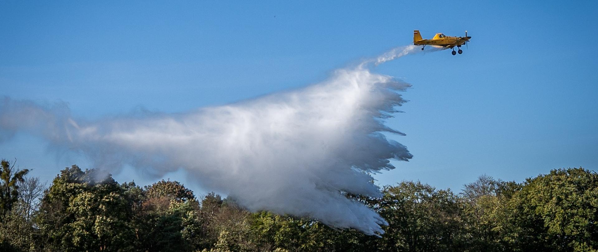 Trwają ćwiczenia, Samolot Dromader koloru żółtego wykonuje zrzut wody na pożar lasu. Aplikacyjnie źródłem pożaru były świece dymne, które wytworzyły kłęby czarnego dymu.