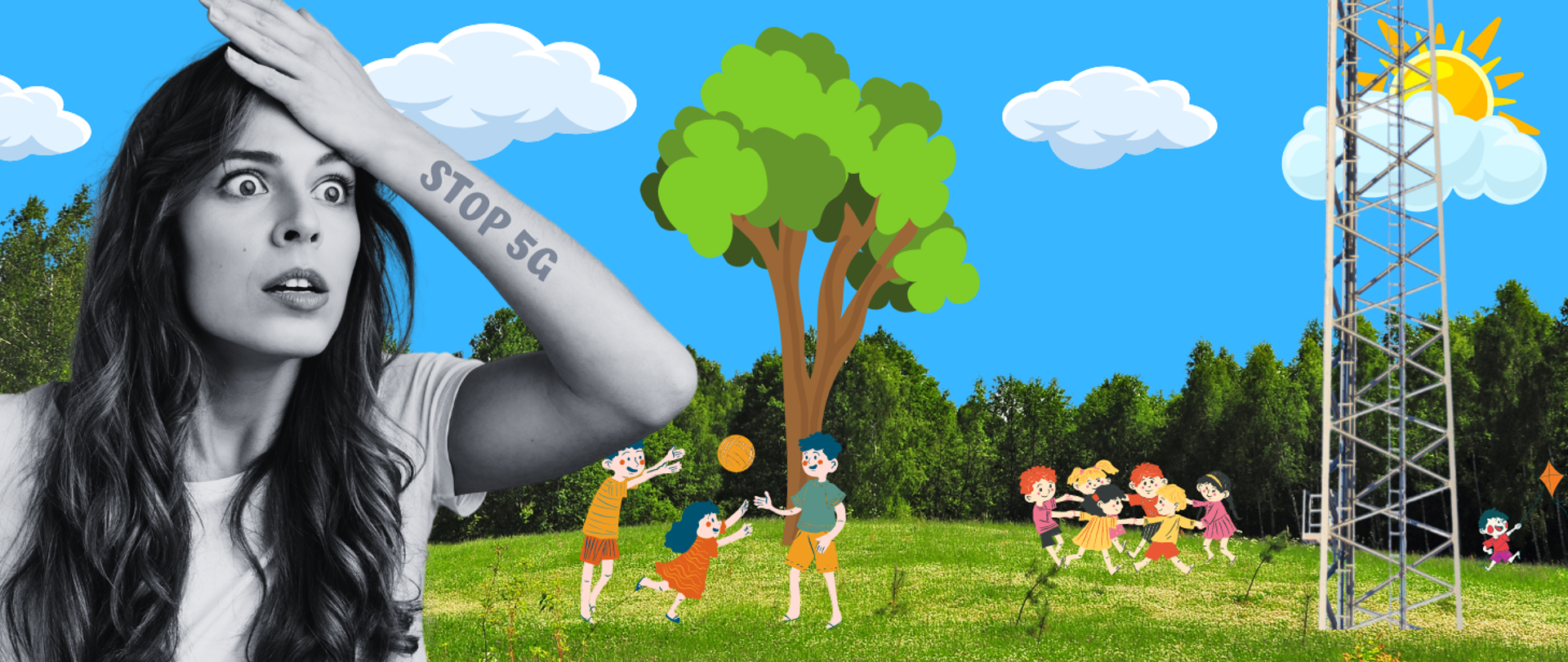Ilustracja przedstawia dzieci bawiące się wesoło na łące otoczonej drzewami, tuż obok konstrukcji masztu telekomunikacyjnego. Na pierwszym planie wizerunek kobiety o przerażonym wyrazie twarzy z tatuażem Stop 5G na przedramieniu.