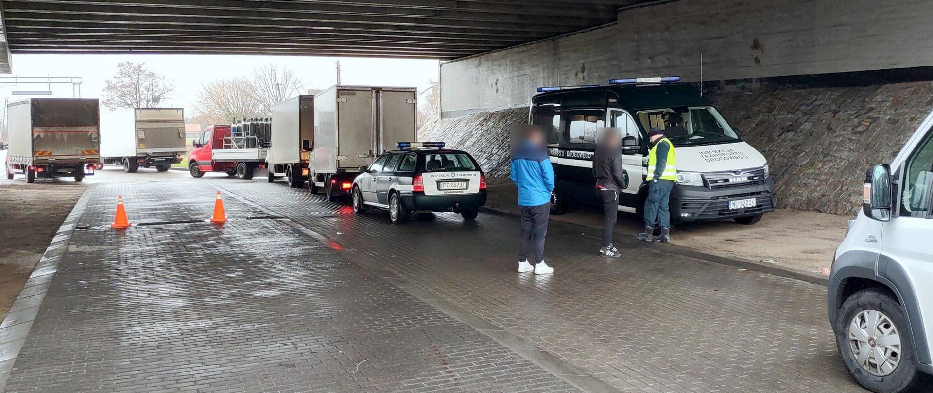 Kontrola wagowa przeprowadzona przez inspektorów z WITD w Poznaniu. Na pierwszym planie pod jednym z wiaduktów we Wrześni inspektor wielkopolskiej Inspekcji Transportu Drogowego w rozmowie z kierowcami, których pojazdy poddano kontroli. W tle kolejka zatrzymanych samochodów.