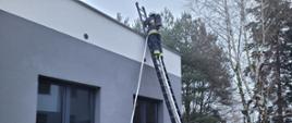 Strażak stojący na drabinie podaje wodę na dach budynku. Trzech innych strażaków asekuruje drabinę. Drabina jest przystawiona do szarej ściany budynku. W prawej części zdjęcia widoczne drzewa. 
