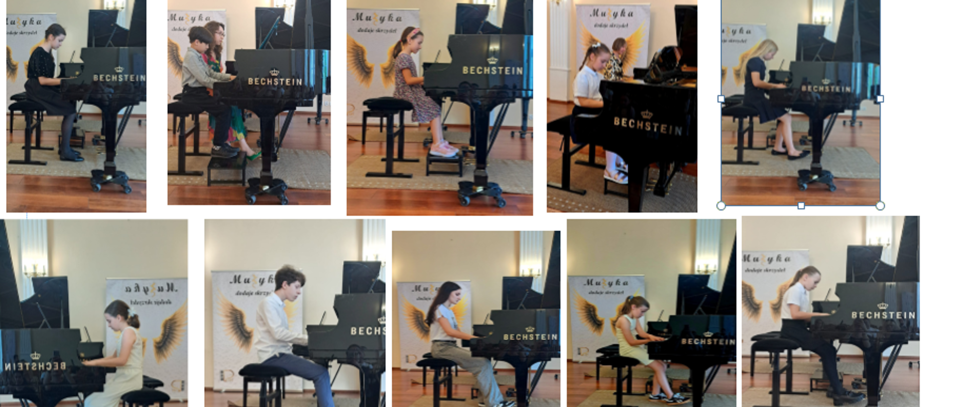 Uczniowie i nauczyciele Szkoły Muzycznej I stopnia w Lublińcu na scenie sali koncertowej podczas Koncertu sekcji fortepianu pt." Muzyczne barwy zbliżających się wakacji" 6.06.2025