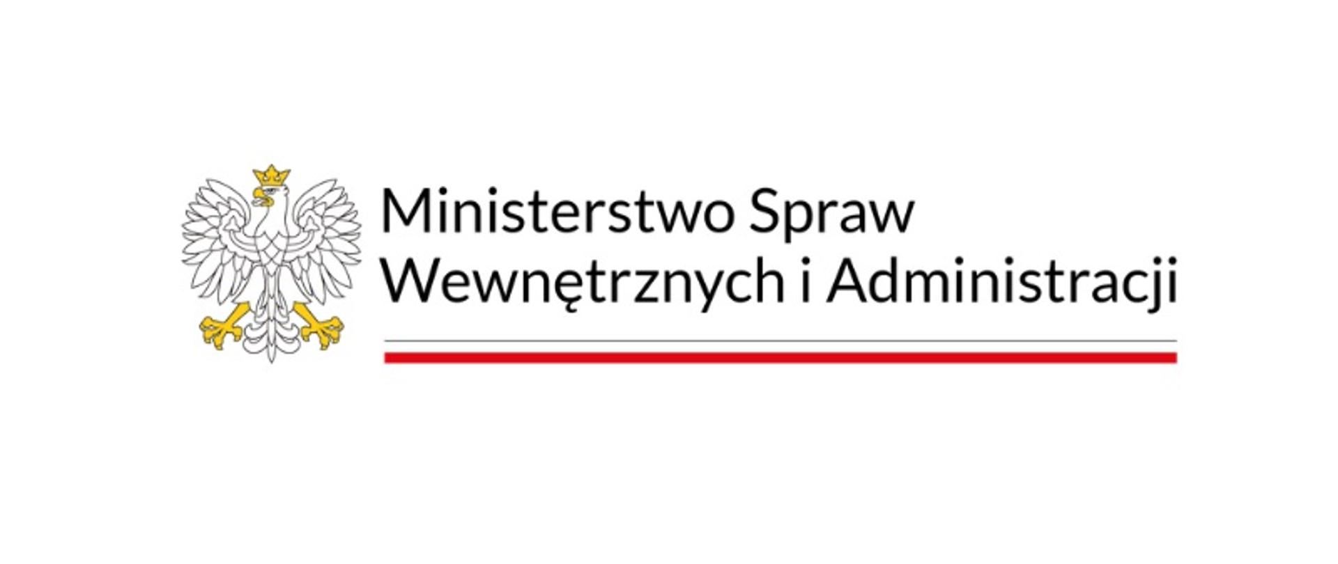 Zdjęcie przedstawia z lewej strony Orła z godła Polski oraz z prawej napis Ministrstwo Spraw Wewnętrznych i Administracji