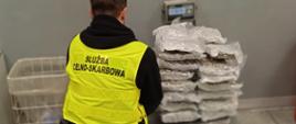 Funkcjonariusz Służby Celno-Skarbowej przy wadze z ułożonymi na niej wieloma próżniowo zapakowanymi paczkami.
