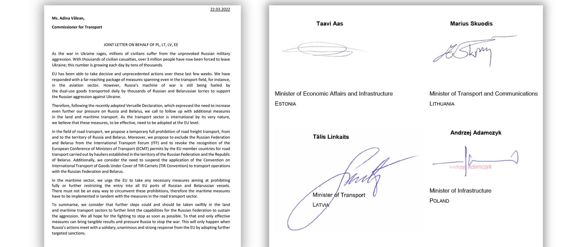 List ministrów ds. transportu Polski, Litwy, Łotwy i Estonii do komisarz UE ds. transportu A. Vălean ws. zakazu wykonywania przewozów towarów z i na terytorium Rosji i Białorusi