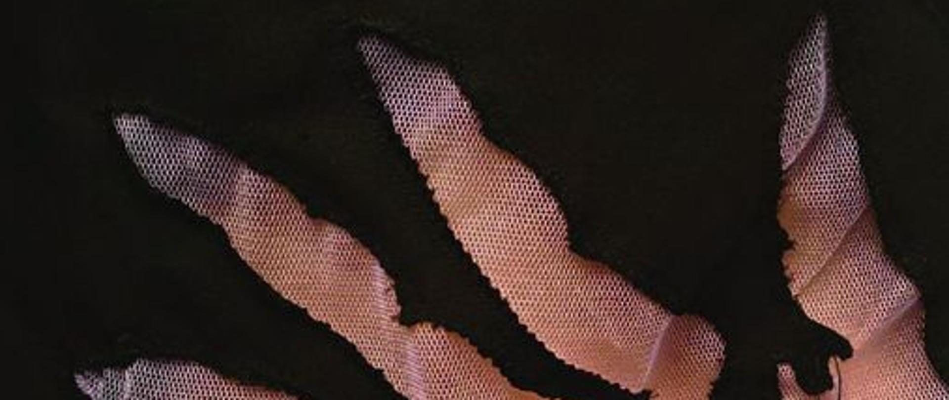 Plakat. Zdeformowana dłoń rozłożona, widoczna od środka. Ma fakturę tkaniny. Przez śródręcze przechodzi czarny materiał. Dłoń jest na czarnym tle. Nad dłonią znajdują się napisy: "Lublin - miasto modowych kreacji; Maria Kupczak; pokaz mody 27.10.2023 godz. 18.30" Pod ręką znajdują się napisy: "Aula PLSP w Lublinie". Pod spodem w drugim rzędzie: logo - grafika - Lublin 2023 "Europejska Stolica Młodzieży"; "Projekt zrealizowany w ramach stypendium prezydenta miasta Lublin"; logo - grafika - "Miasto inspiracji".