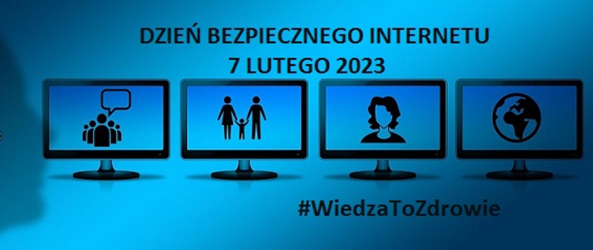 grafika przedstawiająca ikony związane z internetem, z napisem Dzień Bezpiecznego Internetu 7 lutego 2023, #WiedzaToZdrowie