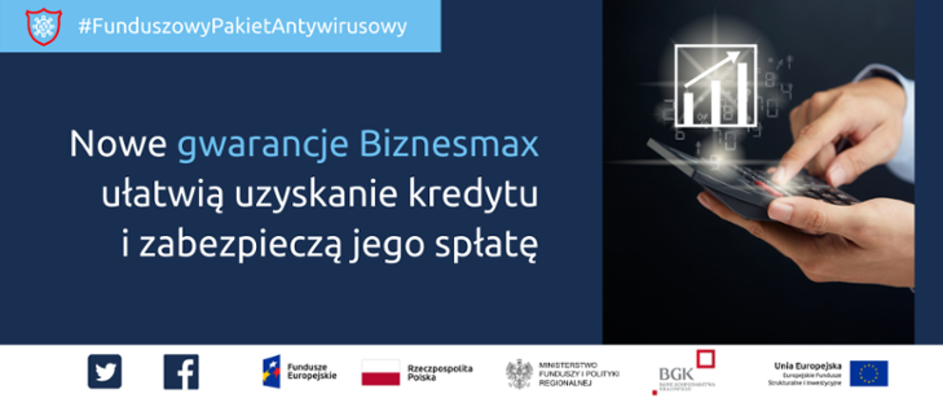 Na zdjęciu widać palec, który używa kalkulatora. Pojawia się wskaźnik ze strzałką wzrostu i 3 słupki.
Napis: Nowe gwarancje BIznesmax ułatwiają uzyskanie kredytu i zabezpieczą jego spłatę.